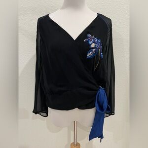 Anthropologie Leifsdottir Women’s Sheer Black Wrap Blouse Top 0 Beaded Floral